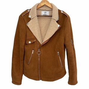 Sixth June Faux Shearling Biker Jacket Tan Brown Suede Moto Jacket Medium